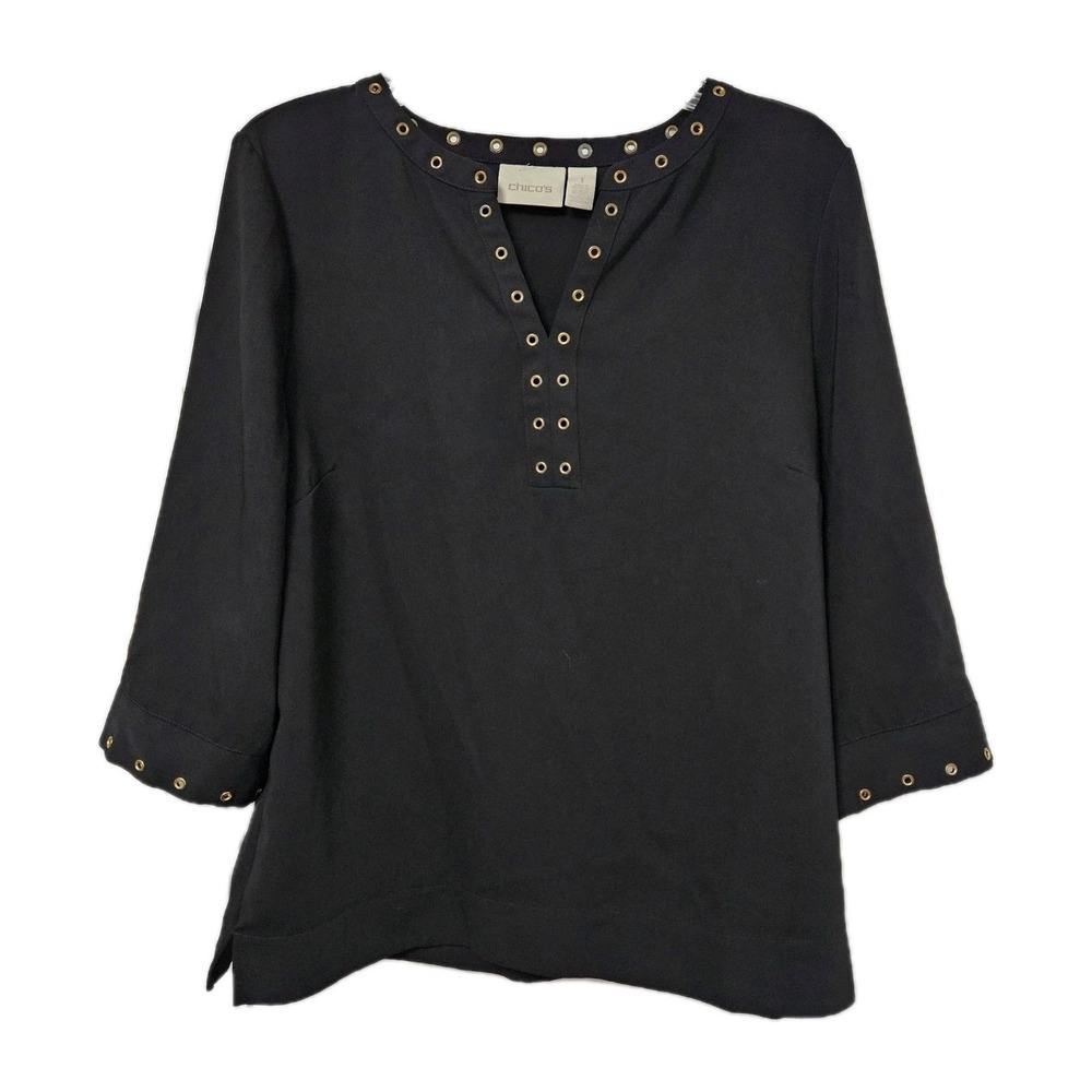 Chico's Blouse Womens 1 Black Grommet Split Neck 3/4 Sleeve Top Metallic Detail - Picture 2 of 10